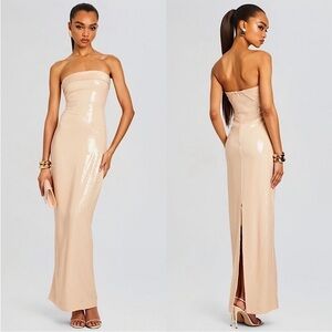 RETROFETE Hand Stitched Sequin Embellished Satin‎ Trim Strapless Column Gown S